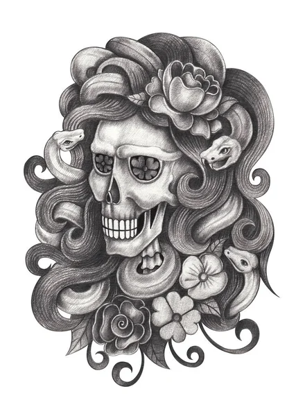 Surreal Woman Skull Tattoo Hand Drawing Paper — Stock Photo, Image