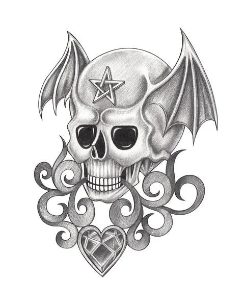 Fancy Skrzydło Diabeł Czaszka Tatuaż Ręka Rysunek Papier — Zdjęcie stockowe