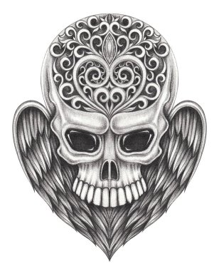 Sanat eseri kanatlar kağıda çizilmiş kafatası