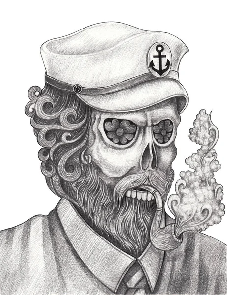 stock image Captain of the ship skull hand drawing on paper.