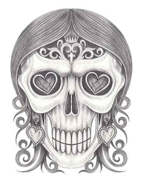 Süslü kız kafatası dövmesi el çizimi kağıt üzerine.