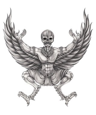 Gerçeküstü sanat kafatası dövme tasarımı kağıda elle çizilmiş..