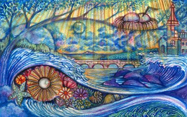 Surreal art nature and life design by hand paintingon paper. clipart