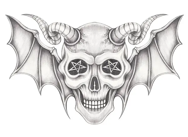 Demon skull surreal art hand drawing on paper.