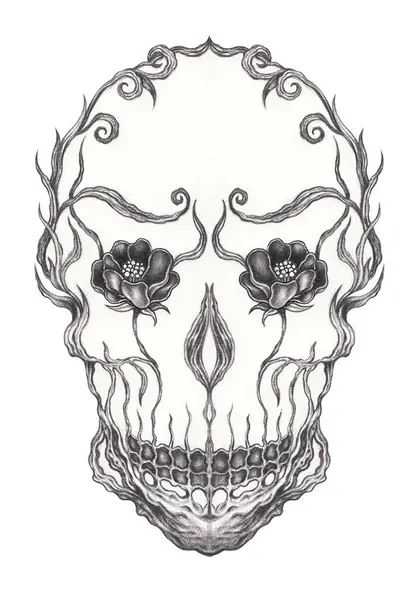 Skull head surreal art hand drawing on paper.