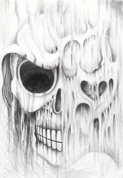 Skull head surreal art tattoo hand drawing on paper.