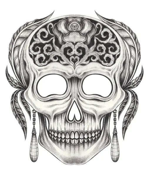 Skull head surreal art  hand drawing on paper.