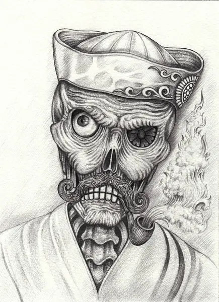 Skull old man surreal art hand drawing on paper.