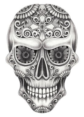 Kağıda elle çizilen ölü tasarımın şeker kafatası günü.