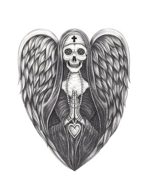Santa Muerte melek tasarımı kağıt üzerine elle çizim.