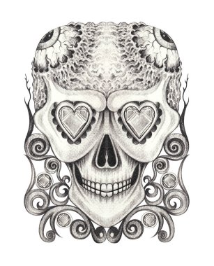 Kafatası dövmesi gerçeküstü sanat tasarımı kağıda elle çizilmiş..