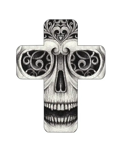 stock image Skull cross tattoo hand drawing on paper.