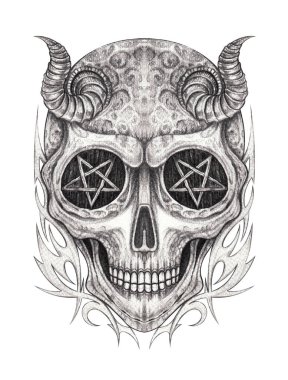 Şeytan kafatası dövme sürreal sanat el kağıt üzerine çizim.