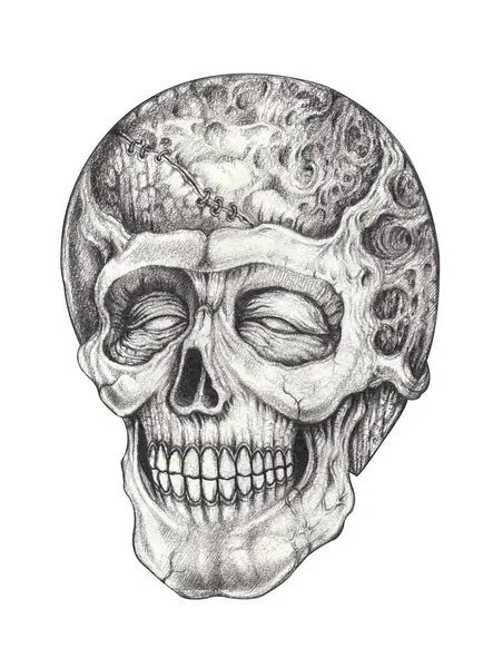 stock image Skull tattoo surreal art hand drawing on paper.