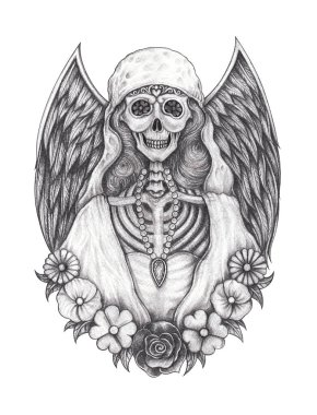 Açı kafatası dövmesi fantezi el çizimi kağıt üzerine.