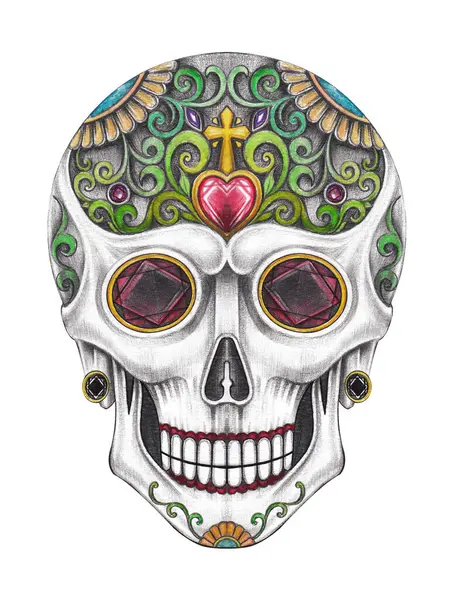 stock image Sugar skull day of the dead hand drawing on paper.