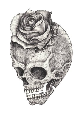 Kafatası dövmesi gerçeküstü el çizimi kağıt üzerine.