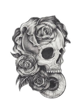 Gerçeküstü sanat eseri. Dövmeli el, kağıda çizilmiş..