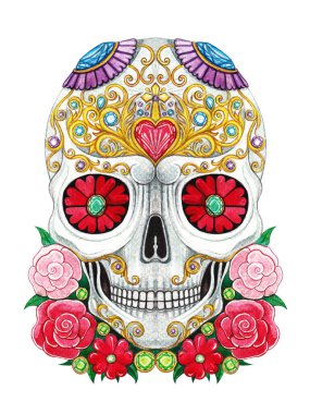 Ölü el çiziminin ve kağıt üzerindeki suluboya resmin şeker kafatası günü.