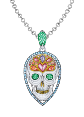 Süslü safir mücevher dizaynlı kafatası kolyesi elle çizilmiş..