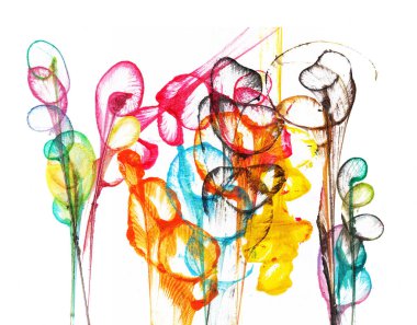 Sanat soyut çiçekleri suluboya ile çiçek açar. Maviler, portakallar, sarılar, yeşiller ve morlar gibi çeşitli renklerde soyut çiçeklerin canlı bir suluboya bileşimi. Şeffaf aynaf taç yaprakları hassas bir maneviyat verir..