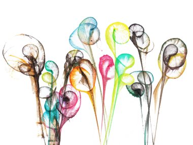 Sanat soyut çiçekleri suluboya ile çiçek açar. Maviler, portakallar, sarılar, yeşiller ve morlar gibi çeşitli renklerde soyut çiçeklerin canlı bir suluboya bileşimi. Şeffaf aynaf taç yaprakları hassas bir maneviyat verir..