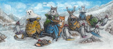 Winter wonderland adventure. This whimsical illustration portrays a group of animals enjoying a snowy mountain adventure on snowmobiles and snowboards. clipart