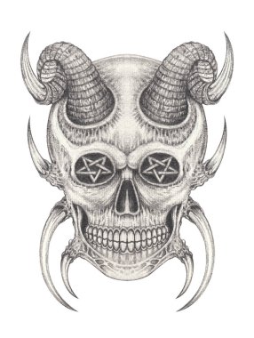 Şeytan kafatası sürreal sanat dövme tasarımı elle çizilmiş.