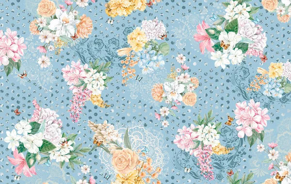 Wzór Kwiatami Romantyczny Pastel Niebieski — Zdjęcie stockowe