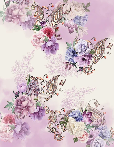 背景为蝴蝶紫罗兰玫瑰帕特里 — 图库照片