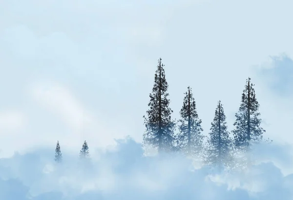 Magas Örökzöld Fák Átszúrják Ködöt Ezen Háromdimenziós Illusztrációs Tájon — Stock Fotó