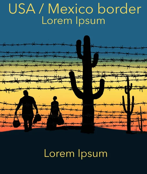 在这个3 D的例子中 非法移民通过边界围栏的一个弱点从墨西哥进入美国 场景是在日落时的沙漠环境中 与沙瓜罗仙人掌 — 图库照片