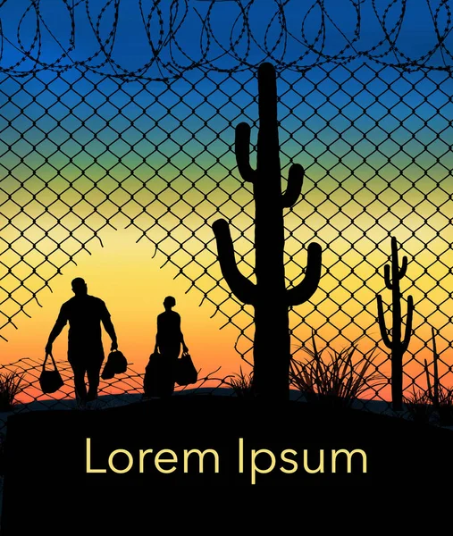 在这个3 D的例子中 非法移民通过边界围栏的一个弱点从墨西哥进入美国 场景是在日落时的沙漠环境中 与沙瓜罗仙人掌 — 图库照片