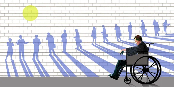 A line of people pictured in urban art are walking by as a man confined to a wheelchair sits motionless in front of the art in a 3-d illustration.