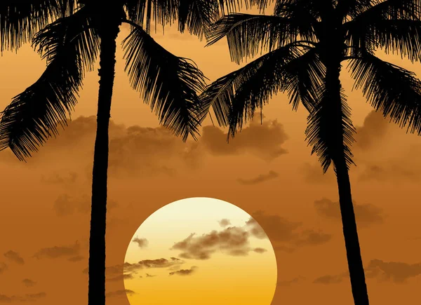 Palmen Und Ein Sonnenuntergangshimmel Ergeben Dieser Illustration Ein Tropisches Paradies — Stockfoto