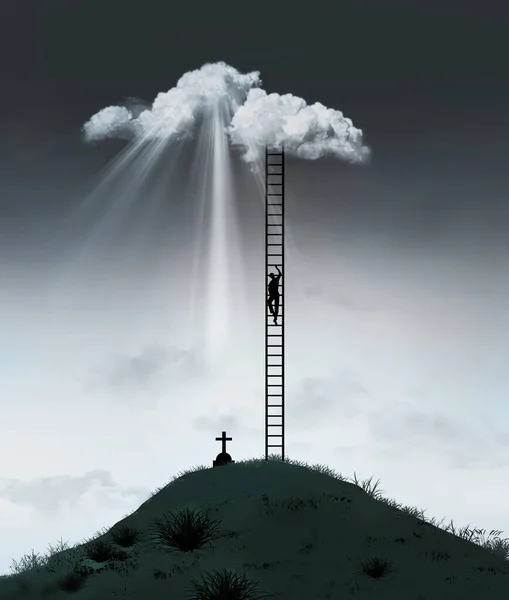 Homem Sobe Uma Escada Para Céu Nesta Ilustração Sobre Morte — Fotografia de Stock