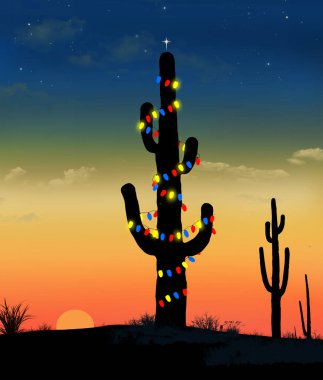 Çöldeki bir saguaro kaktüsü, Amerika 'nın batısındaki Noel tatilini anlatan 3 boyutlu bir resimdeki Noel ağacı gibi süslenmiştir. Sahne alacakaranlıkta hazır..