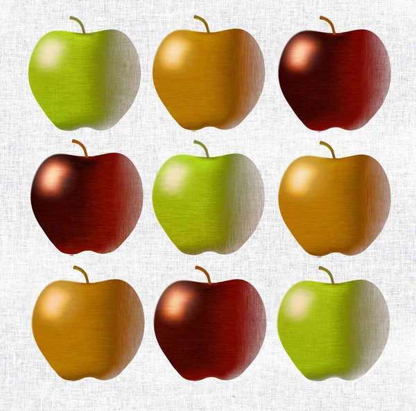 苹果是这个三维插图的主题 其中包括灿烂的色彩和戏剧性的照明 在这一组9个苹果中也可以看到质感和牢骚 — 图库照片