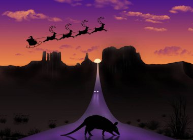 Amerika 'nın güneybatısındaki çölde Noel arifesi bu üç boyutlu illüstrasyonun konusu. Noel Baba ve kızağı çölde gün batımı sahnesinde uçuyor. Bir armadillo karşıdan karşıya geçiyor..