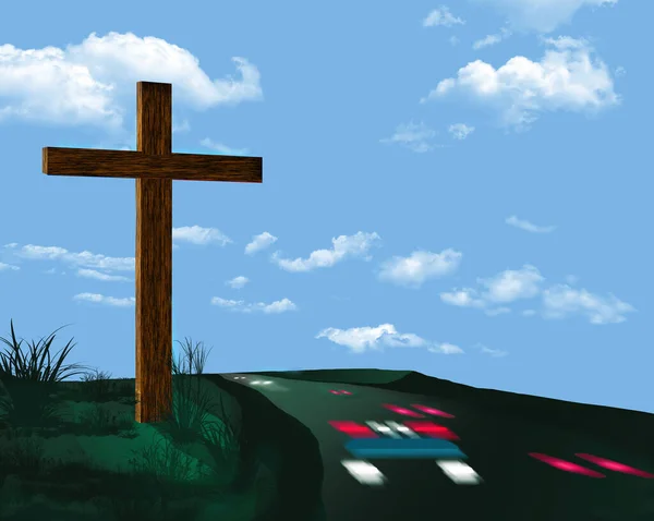 A wooden cross  marks the spot of a fatal traffic accident in remembrance of the person who died in the wreck. This is a 3-d illustration.