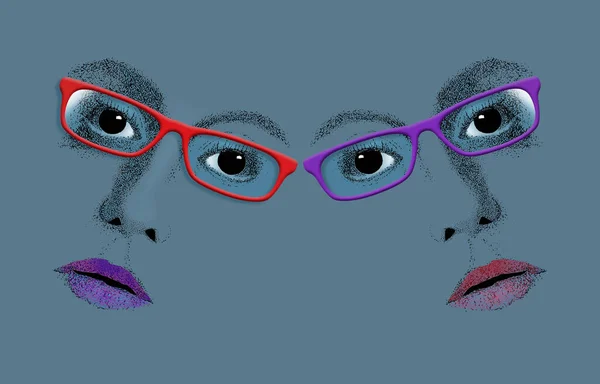 Dos Mujeres Atractivas Que Usan Anteojos Ven Con Color Lápiz —  Fotos de Stock