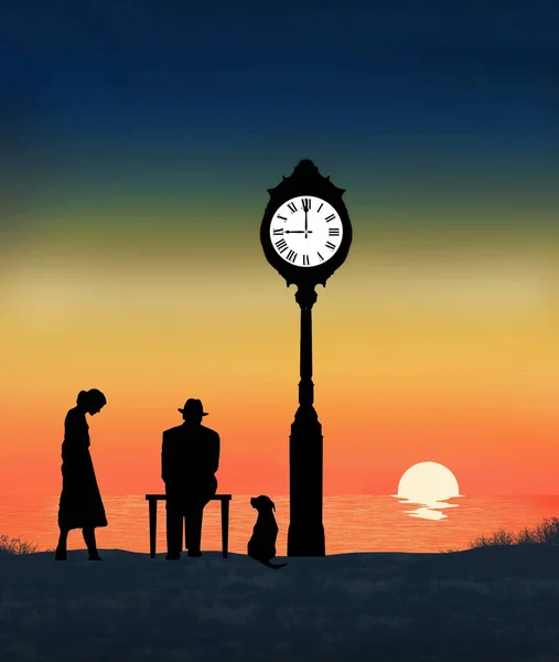 이연로 아버지와 의개가 석양을 바라보며 시간을 보내는 가까이에 시계도 삽화의 — 스톡 사진