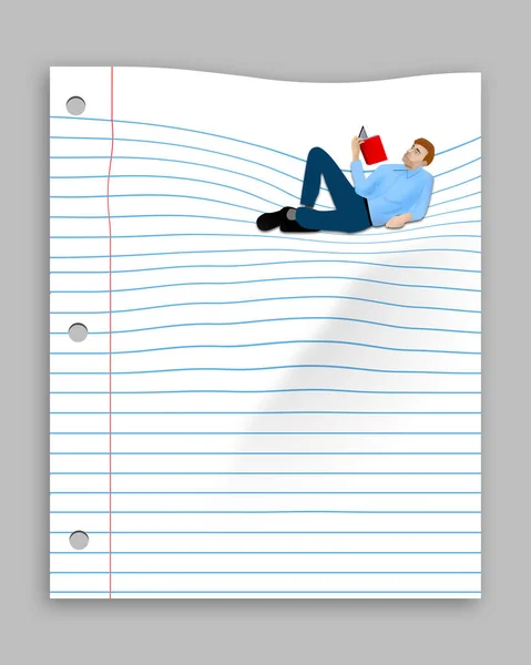 A male student relaxes and reclines on a page of notebook paper in this 3-d illustration about education. Text or copy area is abundant on the notebook page.