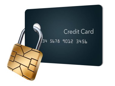 This is a mock generic credit card with an EMV chip that looks like a padlock to secure the card. This is a 3-d illustration.