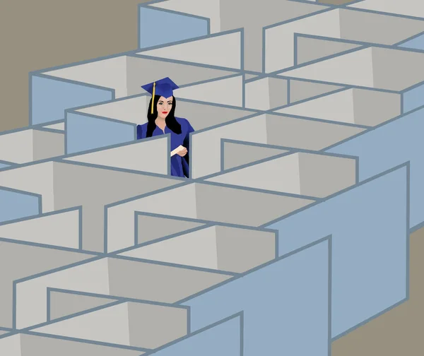 A recent graduate is seen in an office full of cubicles and she is seeing her future as an employee in this business. This is a 3-d illustration.