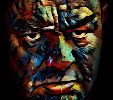 This  is a painting of an ugly old man with a rough complexion in a 3-d illustration that is a digital watercolor.