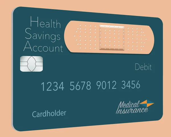 Here is a Health Savings Account medical insurance debit card in a modern design and is decorated with an adhesive bandage to go with the medical spending theme. This is a 3d illustration.