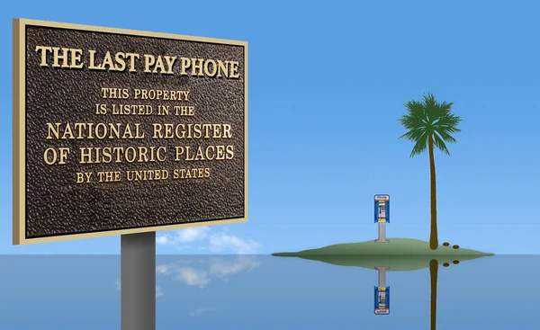 A pay phone is seen on a small island with an historic marker sign naming it the last pay phone on earth in a satirical humorous comment on the scarcity of pay telephones. This is a 3-d illustration.