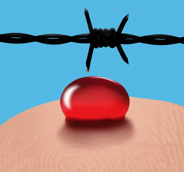 A drop of blood is seen on a finger tip with barbed wire and razor wire in the background in a 3-d illustration about testing for blood glucose levels by diabetes patients.