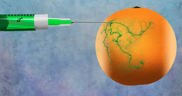 The idea of genetically and chemically modified food and plants is illustrated with syringes injecting and changing the color of citrus fruit. This is a 3-d illustration.